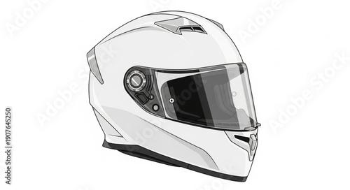 White Motorcycle Helmet with Tinted Visor Isolated on White Background.