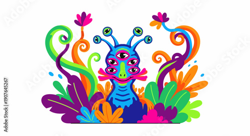 A colorful alien creature with multiple eyes and vibrant flora.
