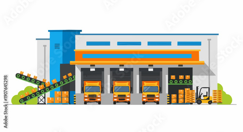 Warehouse with Trucks Loading and Unloading Goods.
