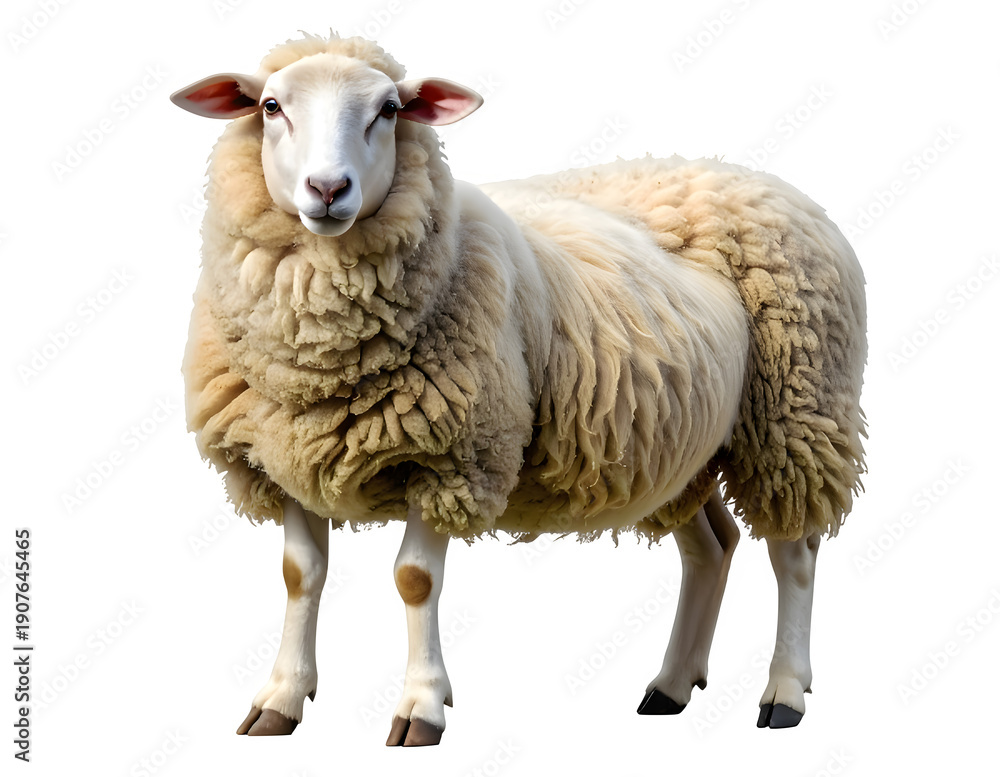 Fototapeta premium Fluffy White Sheep Standing Full Body Portrait.