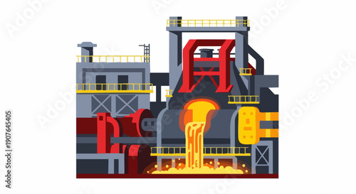 Industrial steel mill with molten metal pouring during production process.