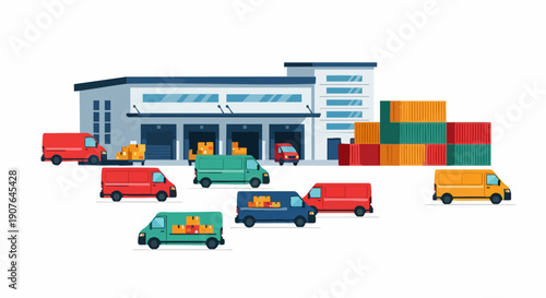 Warehouse with delivery trucks.