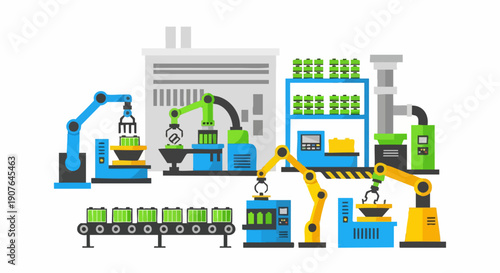 Automated factory production line with robotic arms and conveyor belts.