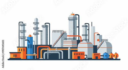 Industrial complex, oil refinery, manufacturing plant, factory, production facility, large scale industry.