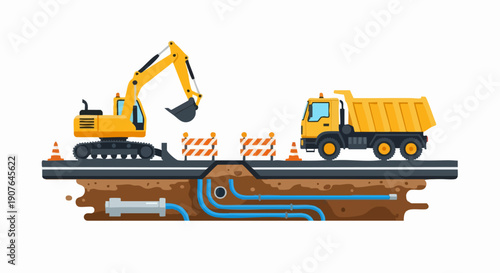 Construction site with excavator and dump truck working on underground pipes.