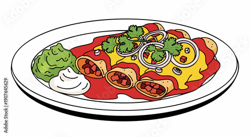 Delicious Enchiladas with Guacamole and Sour Cream on a Plate.