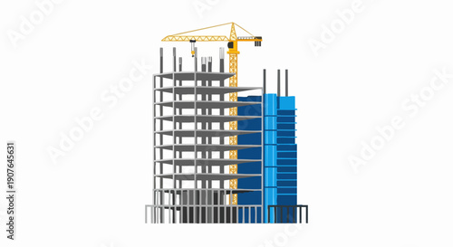 Modern high rise building under construction with a yellow tower crane.