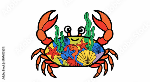 Vibrant Colorful Crab with Ocean Life Design.