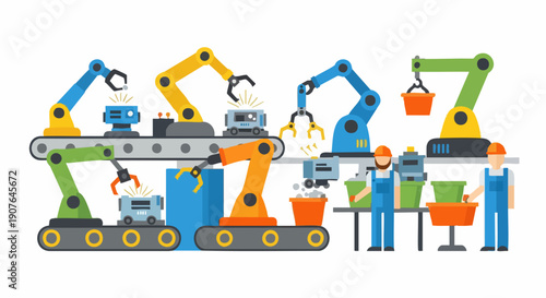 Automated Production Line with Robotic Arms and Workers Illustration.
