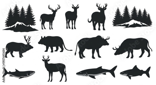 Wild Animal Silhouettes Forest Mountain Landscape Nature.