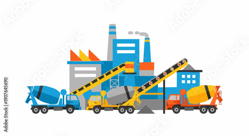 Industrial Cement Factory with Construction Vehicles Illustration.