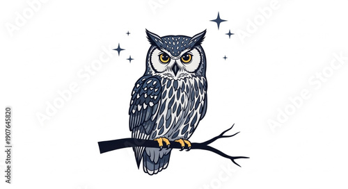 Wise Owl Perched on a Branch Under Stars.