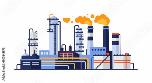 Industrial Factory Complex with Smoke Stacks and Pipes.