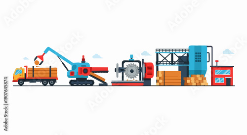Wood Processing Plant with Crane, Sawmill, and Storage Facility.
