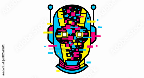 Colorful robot head with glitch effect, digital art illustration.