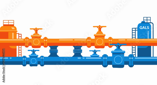 Industrial Pipeline System with Valves and Tanks Illustration.