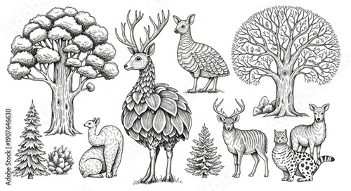 Whimsical Forest Creatures and Trees Hand Drawn Illustration.