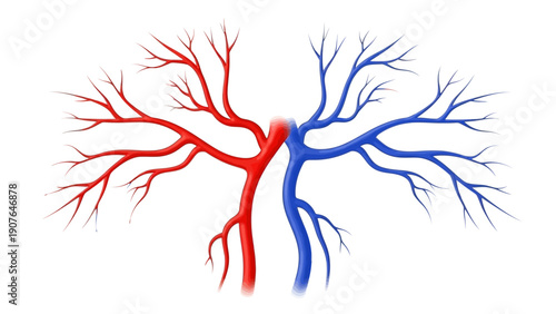 Anatomical illustration of branching blood vessels in red and blue, viewed from a medical perspective, showcasing the vascular structure