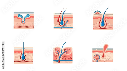 Medical illustration of a hair follicle infundibulum with various stages of inflammation and infection shown in a detailed cross-sectional view