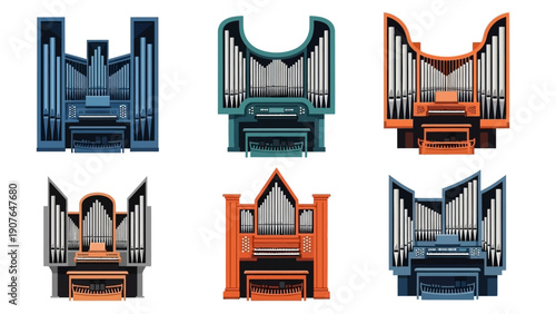 Collection of stylized graphic illustrations of industrial machinery parts in various colors and designs