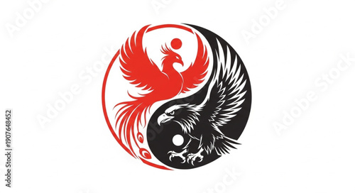 Yin Yang Symbol with Phoenix and Eagle.