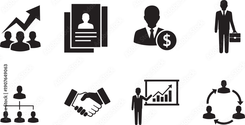 Fototapeta premium Set of business vector silhouette design icons bundle of corporate symbols