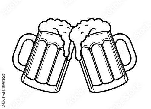 A simple black and white illustration depicts two overflowing mugs of beer clinking together