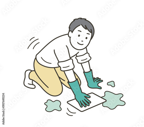 床を雑巾で拭くゴム手袋をつけた男性のイラスト