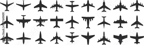 Airplane silhouette icon set, aircraft top view collection, aviation transport symbols, passenger jet shapes, travel infographic, black vector illustration
