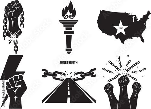 Juneteenth Fist Breaking Chains and Torch Symbolizing Freedom in USA Map