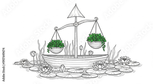 Vector illustration of a pirate sailing ship balanced on scales of justice to represent a business finance concept of law and sea weight
