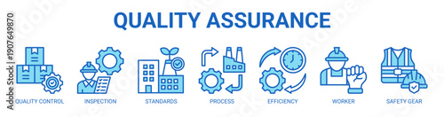 Quality Assurance web banner icon vector illustration concept with icon of quality control, inspection, standards, process, efficiency, worker, and safety gear.