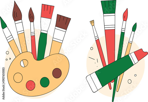 Artist painting tools illustration with brushes, palette and paint tube, creative art supplies cartoon vector design isolated on white