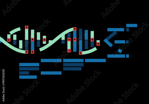 Abstract DNA helix intertwined with data bars, representing genomic pathogen scan. Modern, digital graphic with blue and teal tones. Ideal for tech, science, and health concepts.