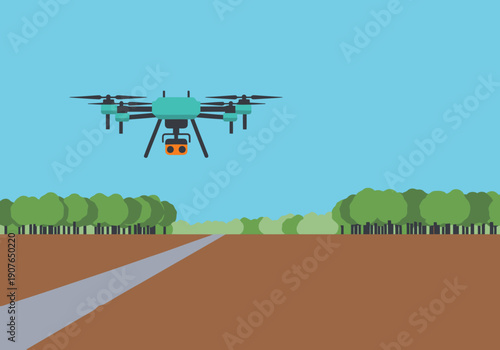 An Agri Drone surveys a clear field, showcasing modern agricultural technology. Clean design, vibrant colors, and a focused composition for commercial use.