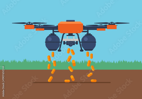An Agri Drone Seed Bomb disperses seeds over a field. Modern, flat design illustration. Ideal for agricultural technology and farming concepts.