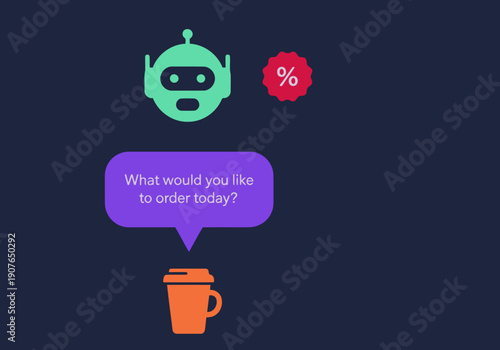 AI food ordering bot interface on a smartphone screen. A purple chat bubble prompts the user for their order. Modern, digital, and clean design.