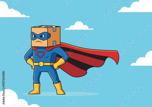 A comical cardboard box superhero stands heroically, ready for a fast ?Express Box Move?! Bold colors and a playful design make this image ideal for shipping and logistics visuals.