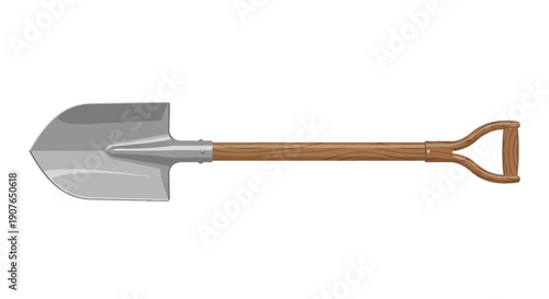 A detailed digital illustration of a shovel with a wooden handle and metal blade on a plain white background viewed from the side