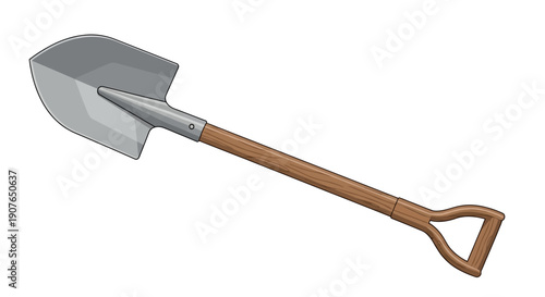 A digital illustration of a shovel with a wooden handle and metal blade, isolated on a plain background, viewed from a slight angle.