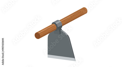 An overhead view of a gray metal shovel with a wooden handle on a white background