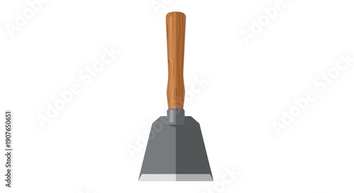 A trowel with a wooden handle is viewed from the front against a plain background