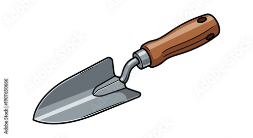 A trowel with a wooden handle is positioned at an angle on a plain surface from a top-down viewpoint