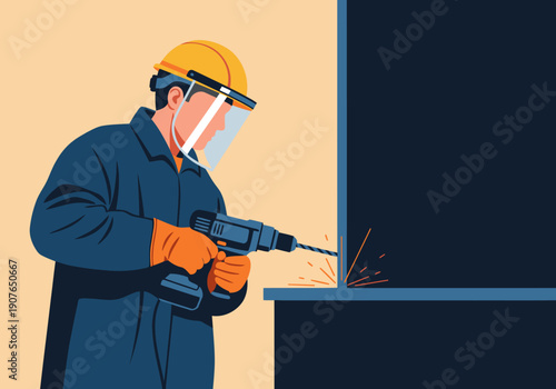 A construction worker wearing protective gear drills steel. Focused action shot with a modern, professional feel.  Highlights safety and tool use.