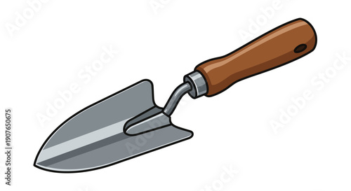Gardening trowel with wooden handle, metal blade, and silver ferrule, illustrated on a clean background from a diagonal viewpoint.