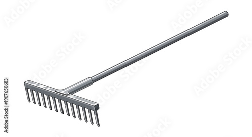 A gray metal garden rake lies on a white background, viewed from above, showcasing its tines and long handle.