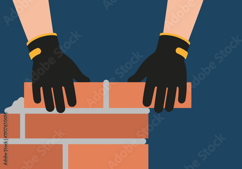 Construction worker skillfully places a brick, showcasing strength and precision. Bold colors and clear composition for impactful visuals.