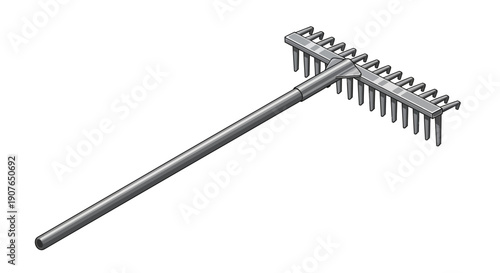 A long-handled metal rake with multiple tines is viewed from an angle, showcasing its garden tool functionality in a clear and detailed manner.