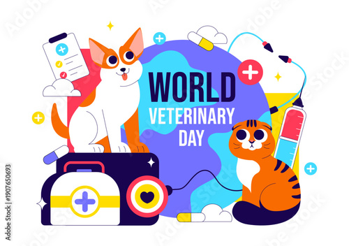 World Veterinary Day Vector Illustration Celebrating Dedicated Veterinarians Protecting Animal Health Welfare Through Flat Cartoon Style Background