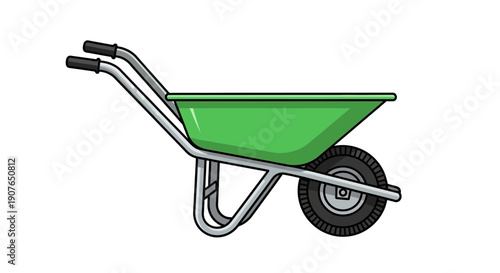 Illustration of a green wheelbarrow with a single wheel viewed from the side